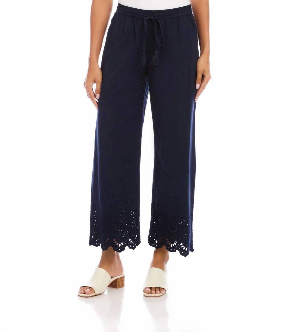 NEW KAREN KANE embroidered scallop edge cropped pants in navy